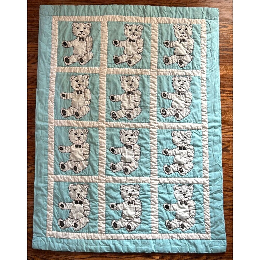 Handmade White with Blue Teddy Bear Hand Quilted Baby Toddler Blanket 50 X 39